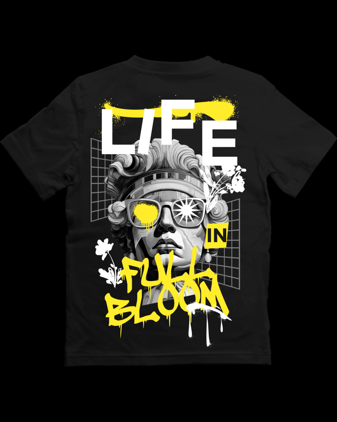 Black t-shirt with graphic design and text 'Life in Full Bloom' on a white background