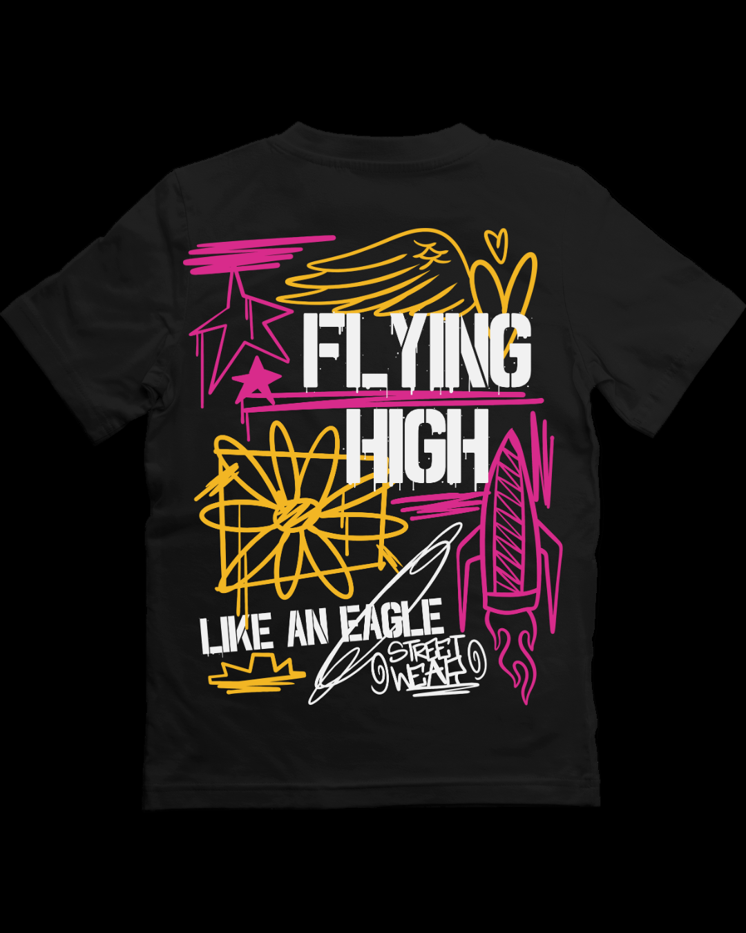 Black t-shirt with colorful graphic design and text on a white background