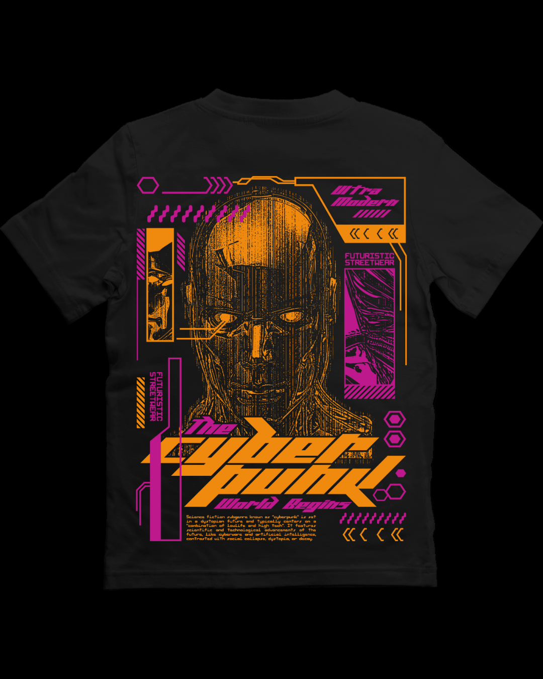Black t-shirt with a cyberpunk-themed design featuring a robot face and futuristic text on a white background.