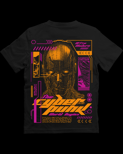 Black t-shirt with a cyberpunk-themed design featuring a robot face and futuristic text on a white background.