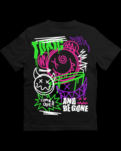 Black t-shirt with colorful graphic design on the back