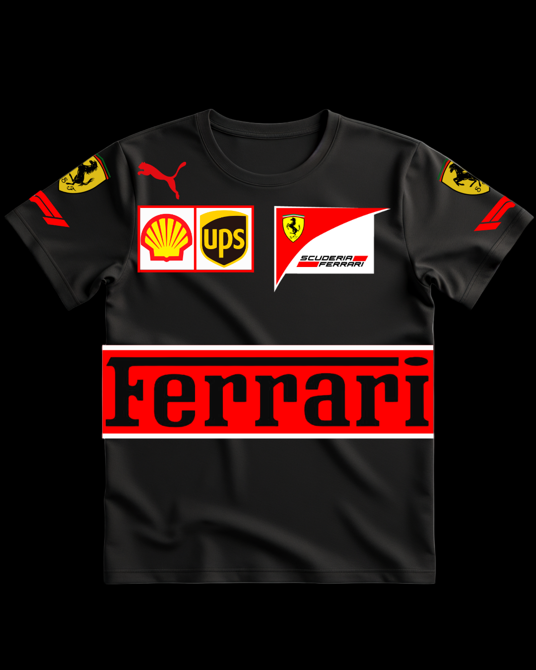 Black t-shirt with Ferrari and other brand logos on a gray background