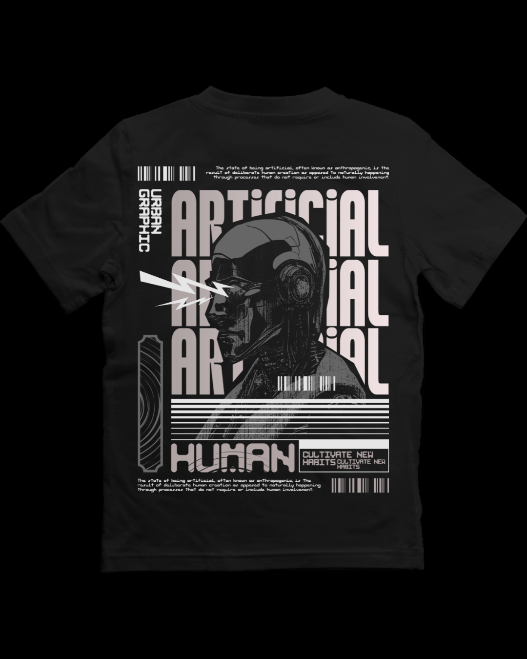 Black t-shirt with a futuristic design featuring a robot and text on a black background