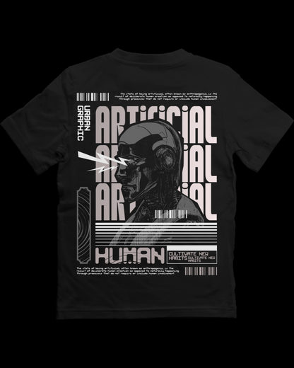 Black t-shirt with a futuristic design featuring a robot and text on a black background
