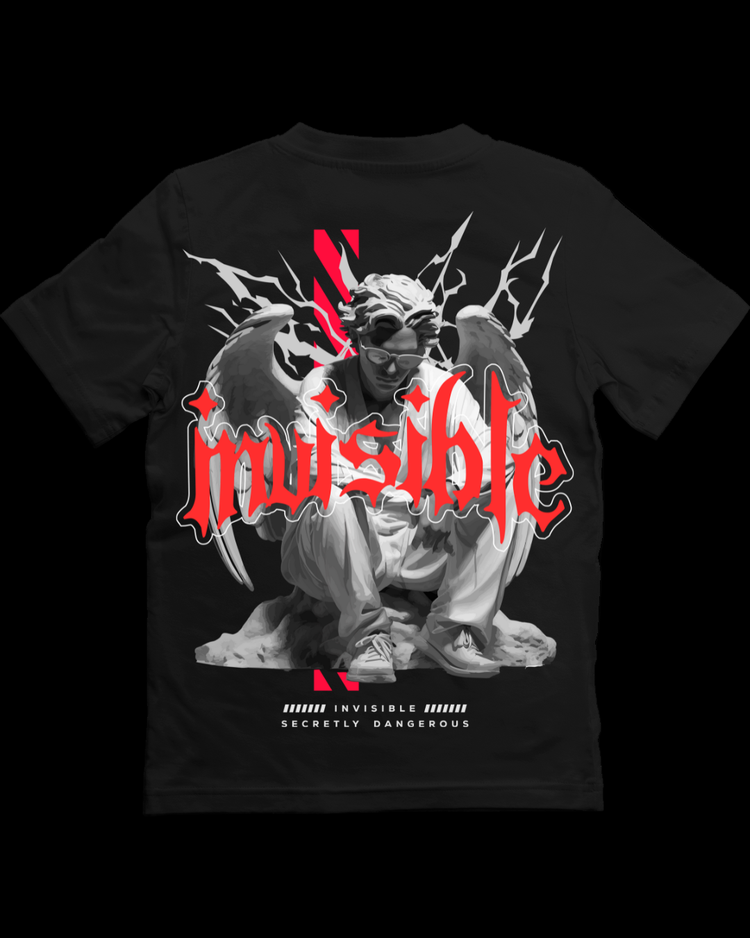 Black t-shirt with a graphic design of a demon-like figure and red text on a white background