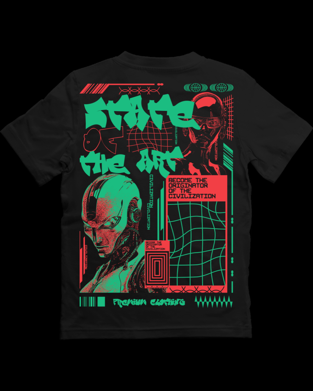 Black t-shirt with futuristic design featuring green and red graphics on a white background