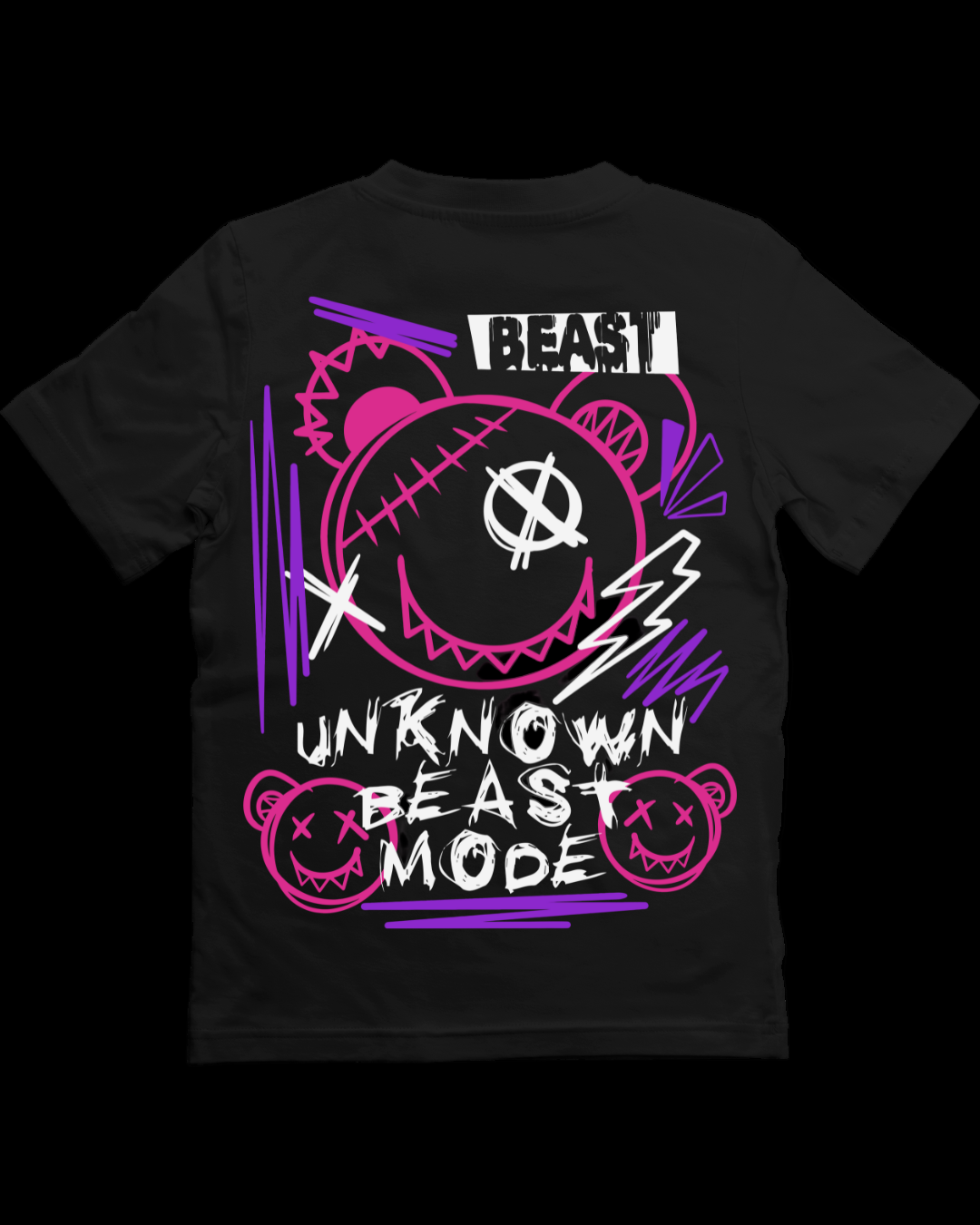 Black t-shirt with colorful graphic design on the back