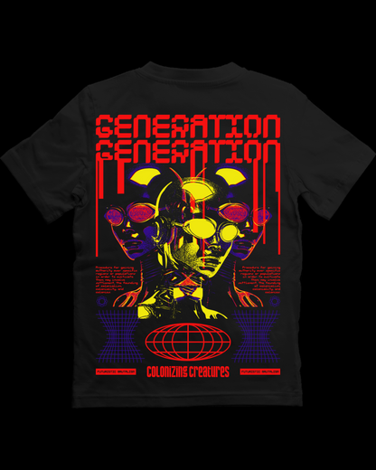 Black t-shirt with colorful graphic design and text on a white background