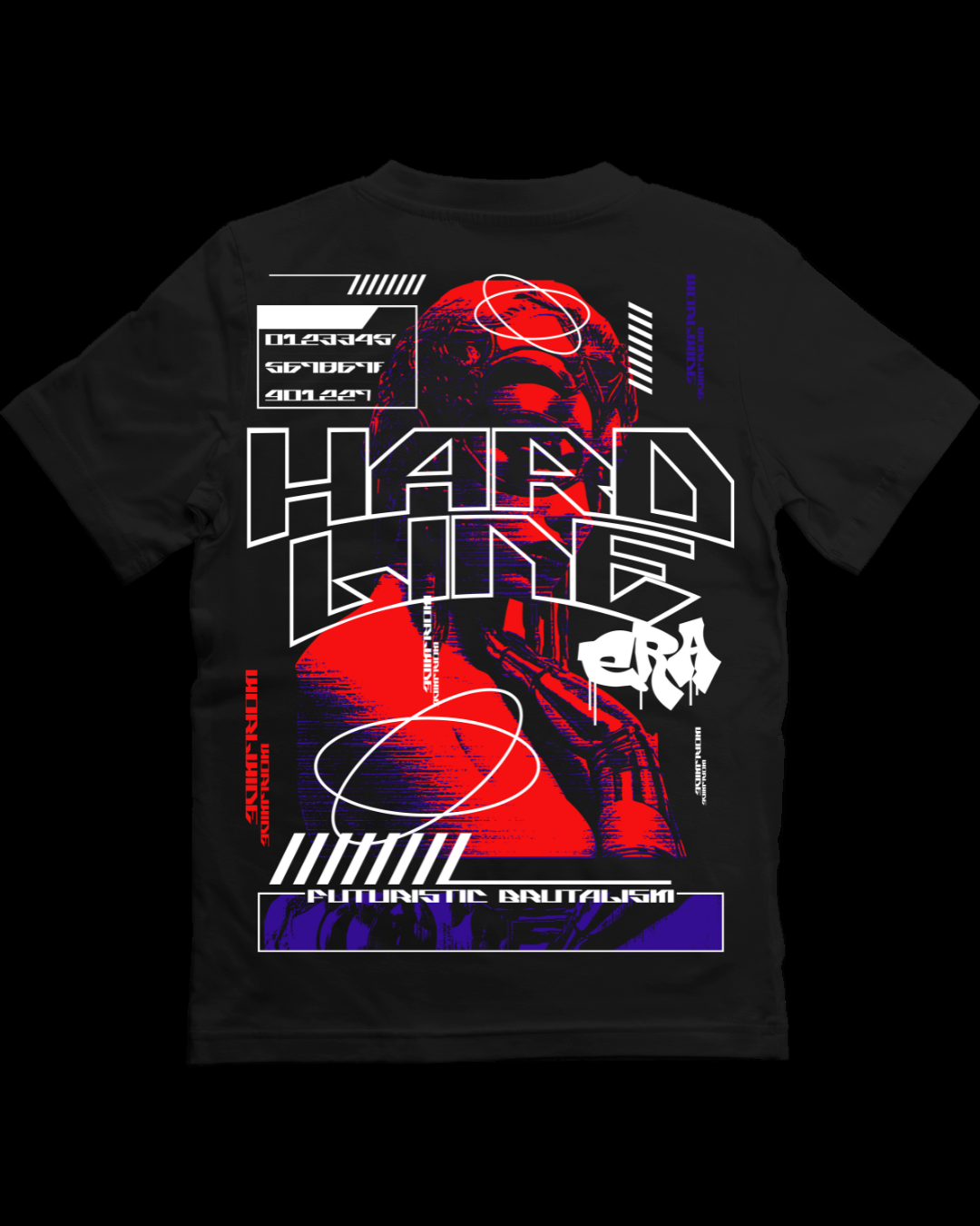 Black t-shirt with futuristic design and text on a white background