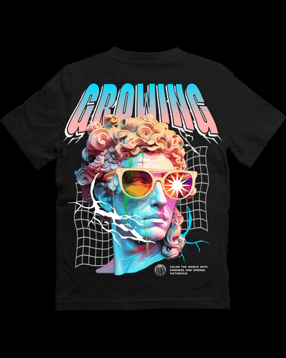 Black t-shirt with colorful graphic design and 'GROWING' text on a white background