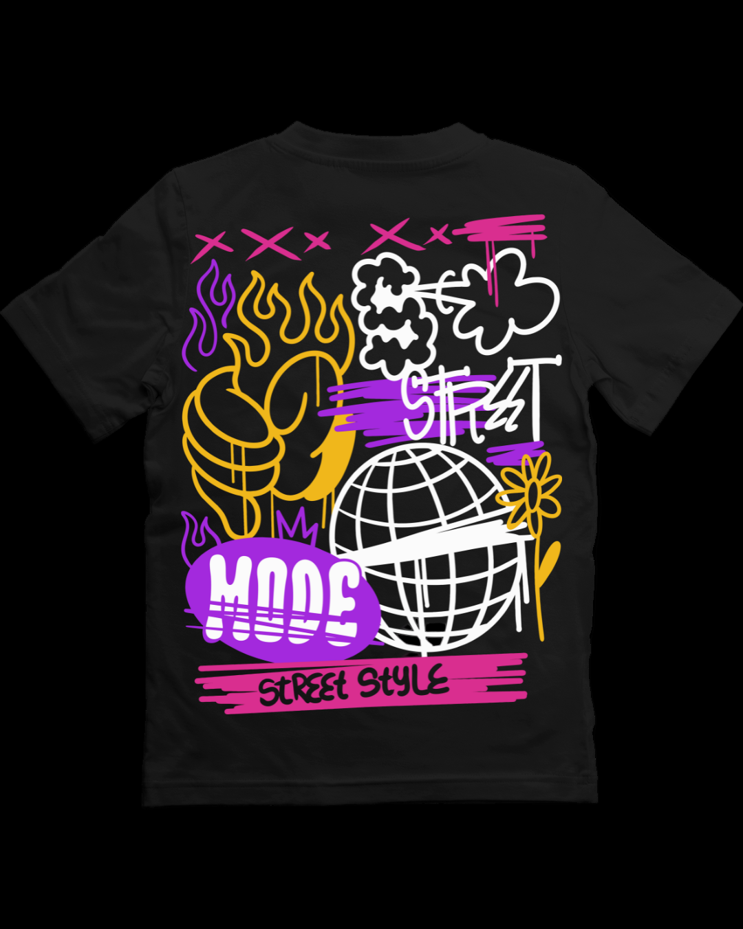 Black t-shirt with colorful graphics and text on a white background