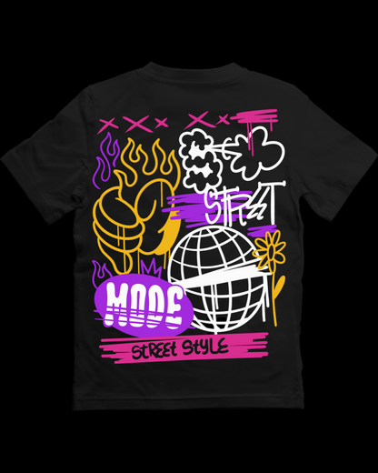 Black t-shirt with colorful graphics and text on a white background