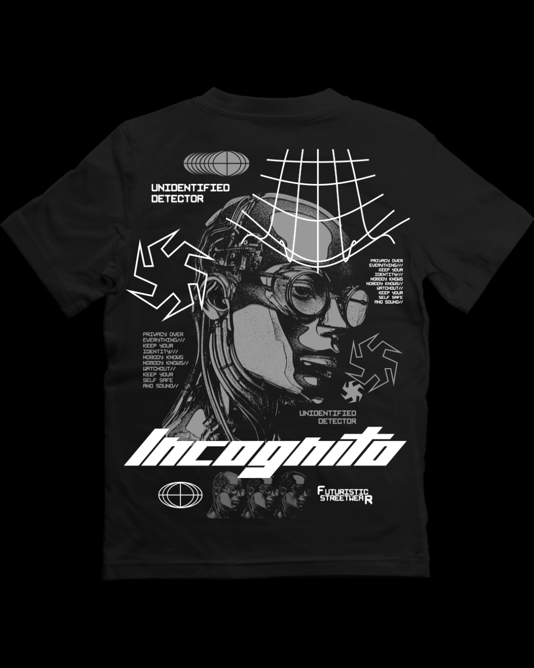 Black t-shirt with astronaut graphic and 'Incognito' text on a white background