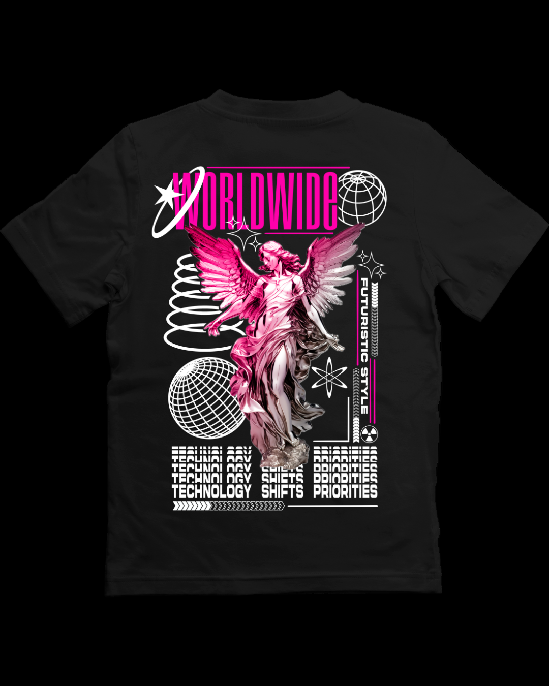 Futuristic worldwide Tshirt, 180 gsm black colour - THE CLOTHING STYLE