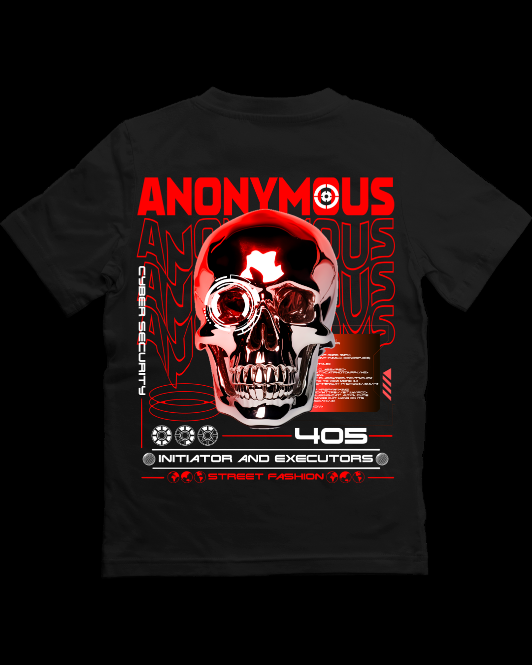 Black t-shirt with a red and white graphic design featuring a skull and text on a white background.