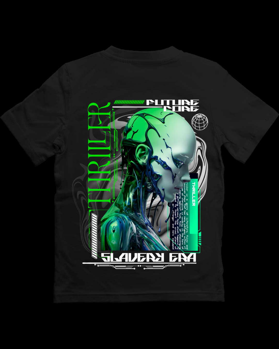 Black t-shirt with a futuristic design featuring a green alien-like creature on a white background