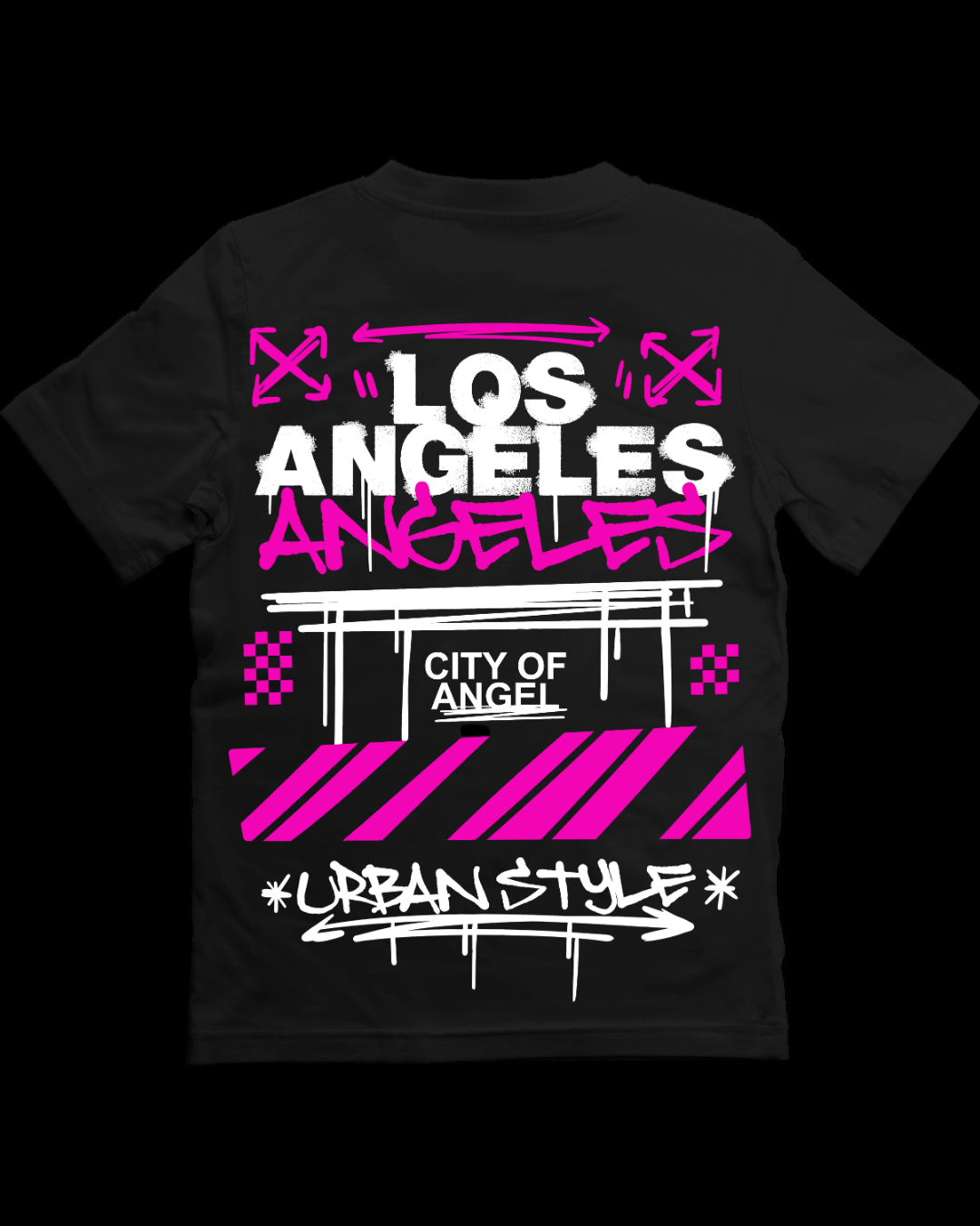 Black t-shirt with 'Los Angeles City of Angels' text and graphics on a white background