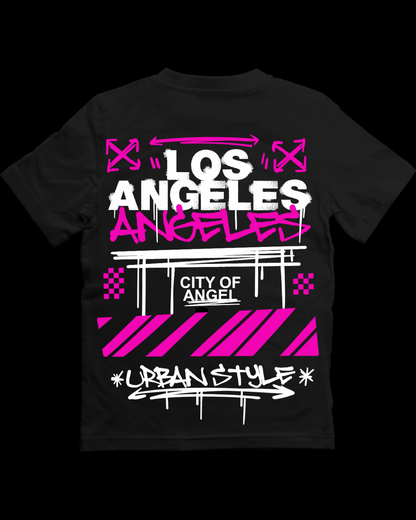 Black t-shirt with 'Los Angeles City of Angels' text and graphics on a white background