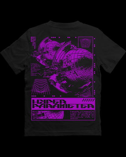 Black t-shirt with purple space-themed design on a white background