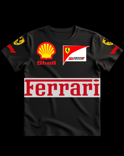 Black t-shirt with Ferrari and Shell logos on a gray background