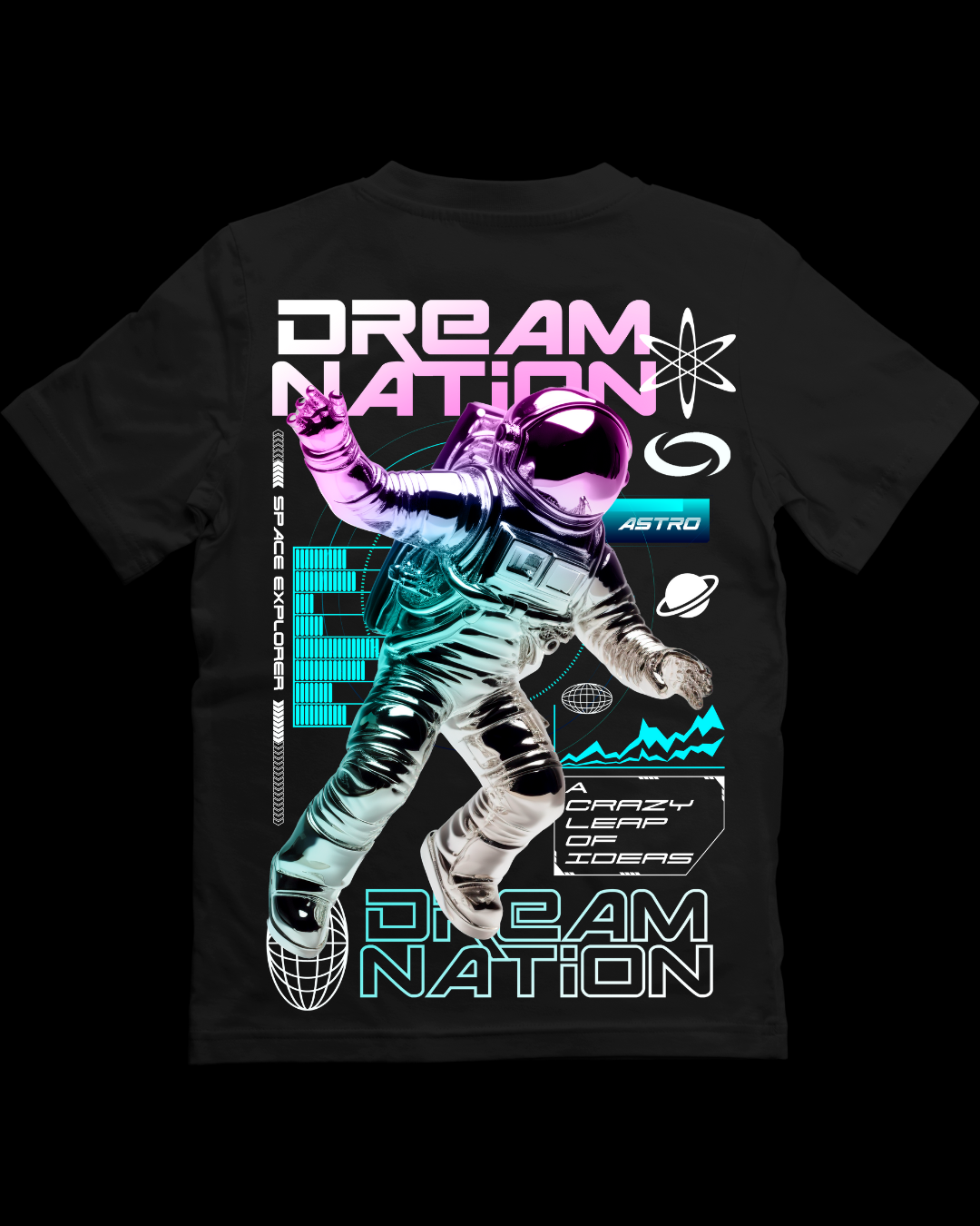 Black t-shirt with an astronaut graphic and 'Dream Nation' text on a dark background