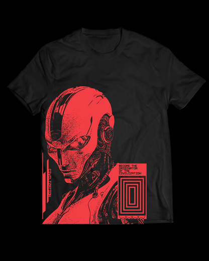 Black t-shirt with red robot graphic design on a white background